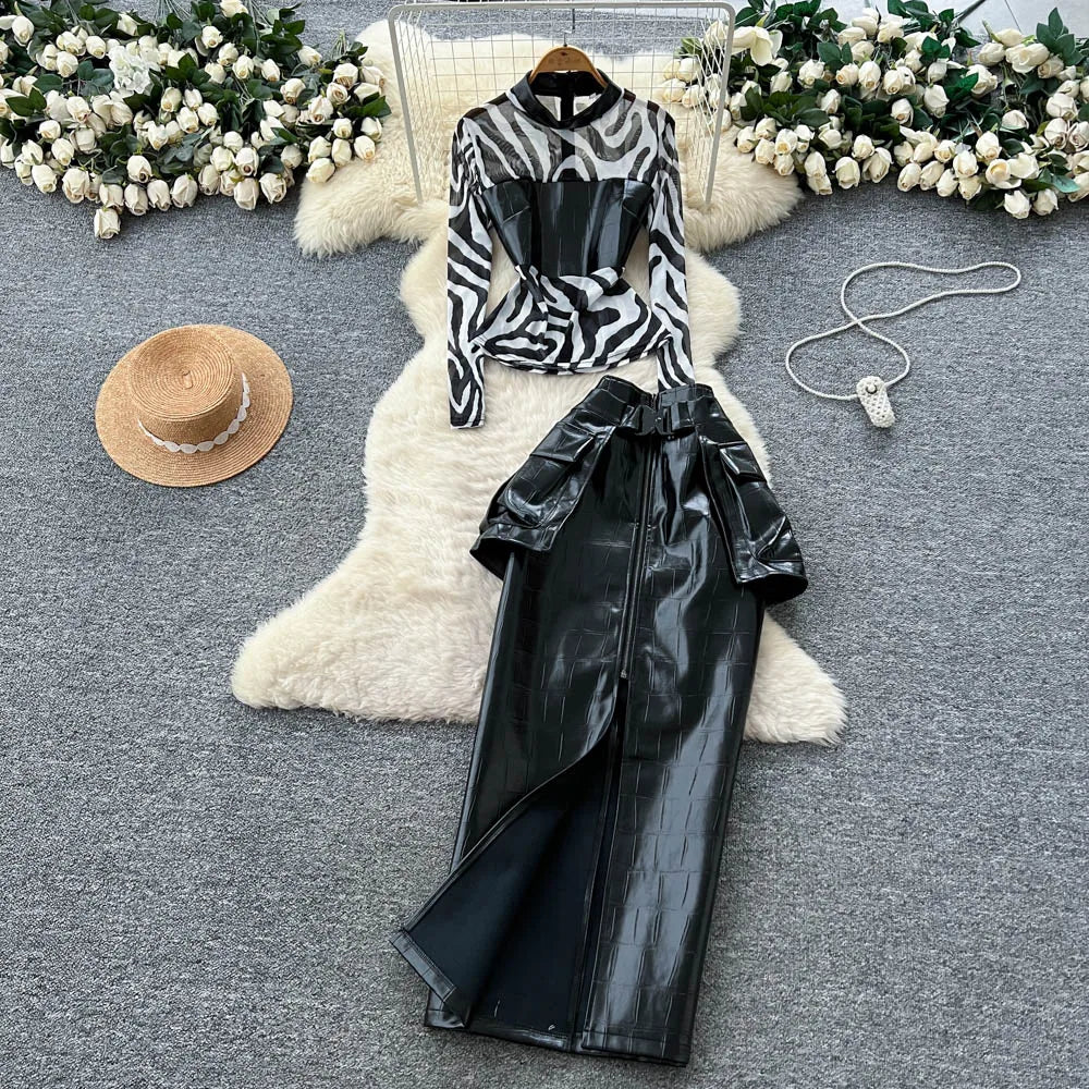 Women's Casual Sets Top And High Waist Patchwork Leopard Mesh Slit Skirts Suit American Clothing Wholesale