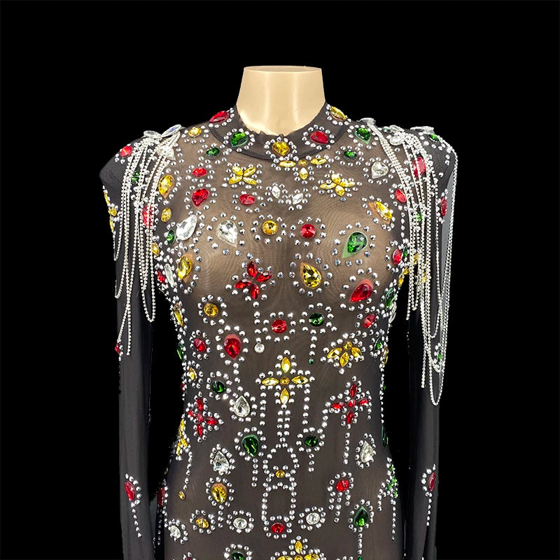 NOVANCE Fall Clothing for Women Multi-color Stones Transparent Mesh Sparkling Sexy Dress Sexy Club Long Sleeve Dresses