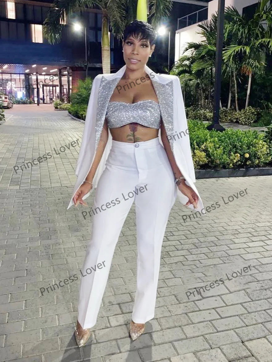3 Pcs Women Blazer Suits Customized Bridesmaid Dress Long Sleeve Glitter Party Gowns Ladies Jacket Pants