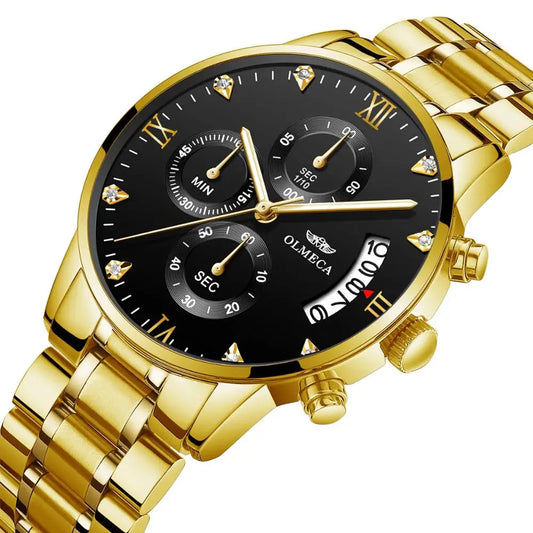 OLMECA 0878 New Design Gold Male Quartz Watch Designer Stainless Steel Band 3 Dials Chronometer Character Running Watch Set