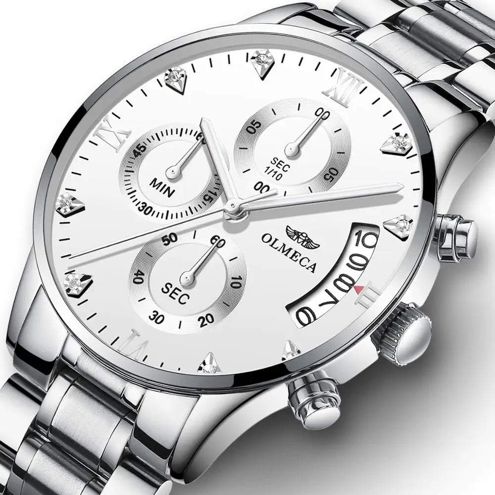 OLMECA 0878 New Design Gold Male Quartz Watch Designer Stainless Steel Band 3 Dials Chronometer Character Running Watch Set