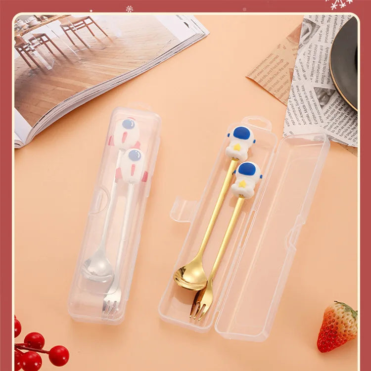 Christmas Tableware Santa Elk Doll Dessert Spoons Fork 2pcs Set One Gift Set Box