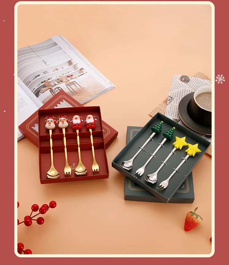 Christmas Tableware Santa Elk Doll Dessert Spoons Fork 2pcs Set One Gift Set Box