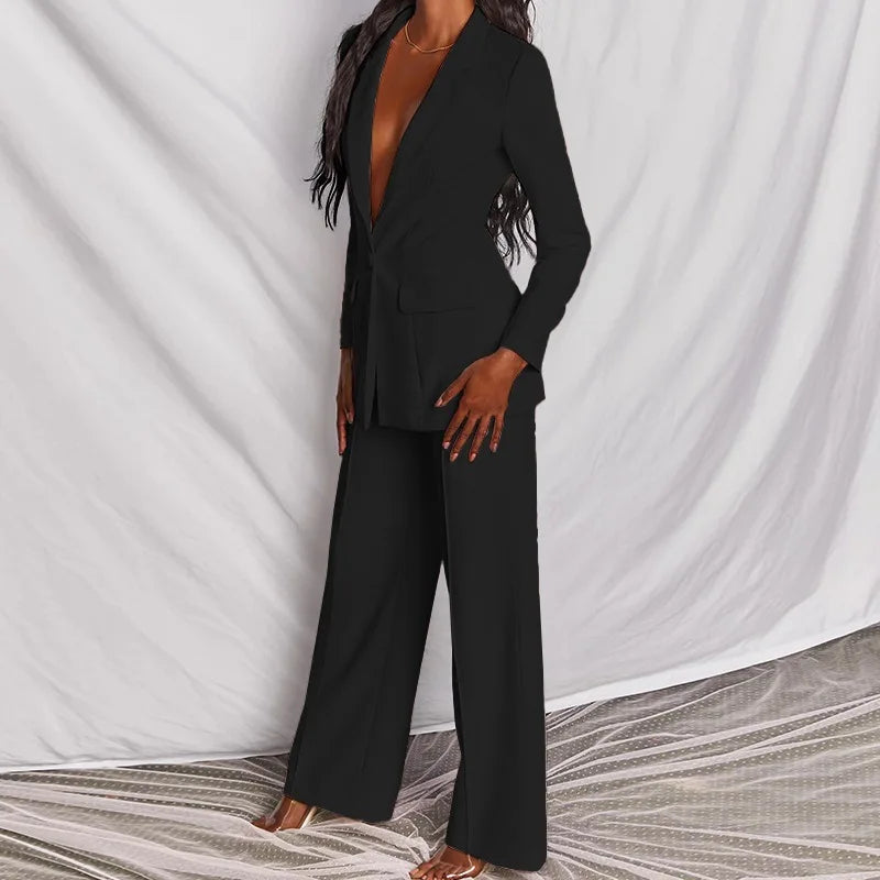 2025 European American Fashion Women's Elegant Blazer Suit Set Cross-Border Spring Autumn Slim Lapel Cardigan Button Decoration