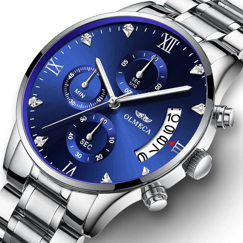 OLMECA 0878 New Design Gold Male Quartz Watch Designer Stainless Steel Band 3 Dials Chronometer Character Running Watch Set