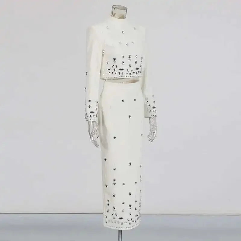 TWOTWINSTYLE Women's New High Waist Line Skirt Set Solid Spliced Diamonds Two Piece Stand Collar Long Sleeve Tops Short
