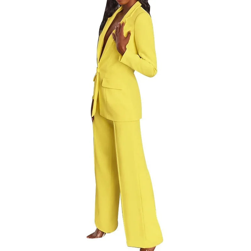 2025 European American Fashion Women's Elegant Blazer Suit Set Cross-Border Spring Autumn Slim Lapel Cardigan Button Decoration