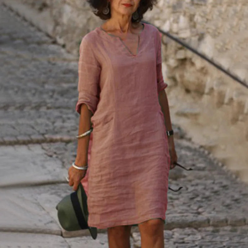 Vintage Women Solid Mini Dress Summer Fashion V-neck Three Quater Sleeve Cotton Linen Dress Ladies Casual
