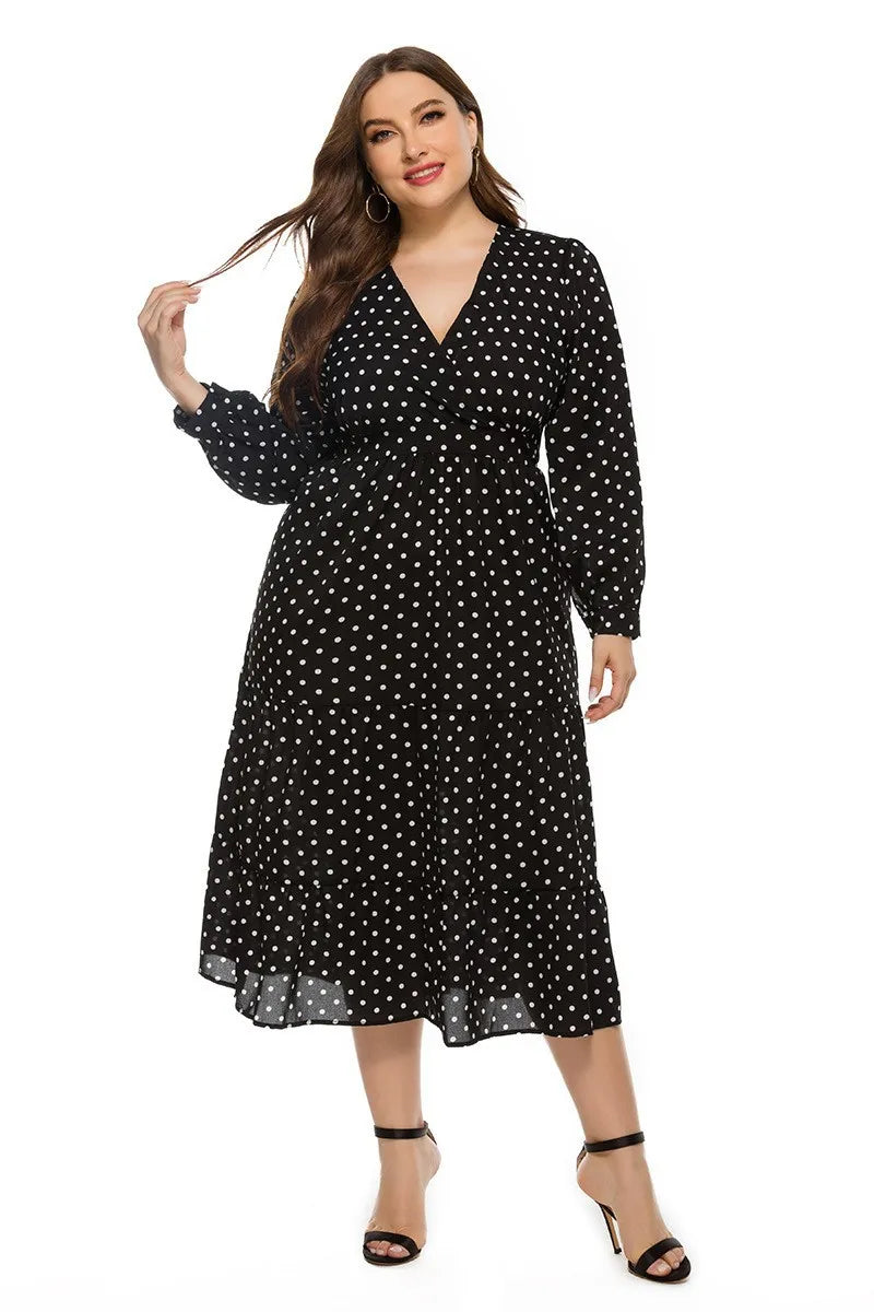 Women Casual Loose Dot Printing Pleated Midi Dress Long Sleeve Dresses Ruched Front Tie Swing Elegant Dress
