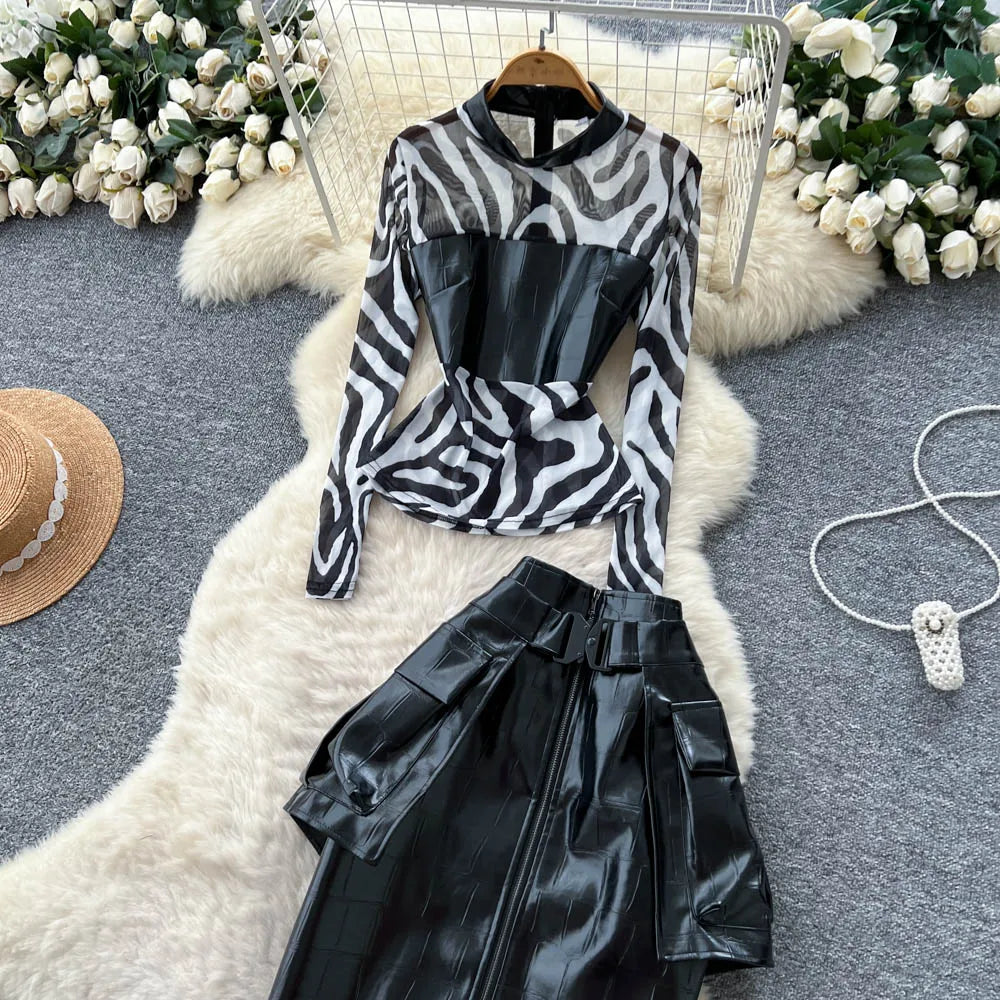 Women's Casual Sets Top And High Waist Patchwork Leopard Mesh Slit Skirts Suit American Clothing Wholesale