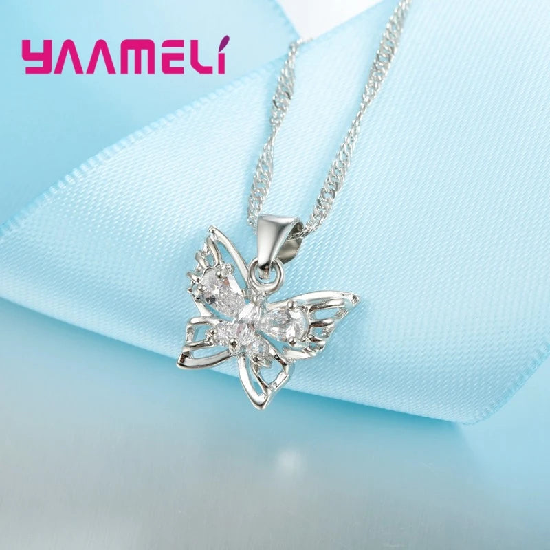 New Fashion 925 Sterling Silver Color Jewelry Sets Shining Austrian Crystal Inlaid Butterfly Wedding Pendant Necklace Earrings