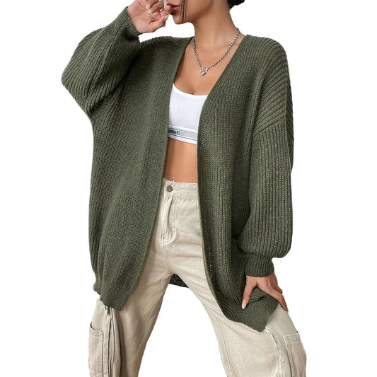 Wholesale Polyester Ladies Cosy Ribbed Cardigans Women's V Neck Loose Mid-length Sweater Jacket for Knitted Sweater Cardigan