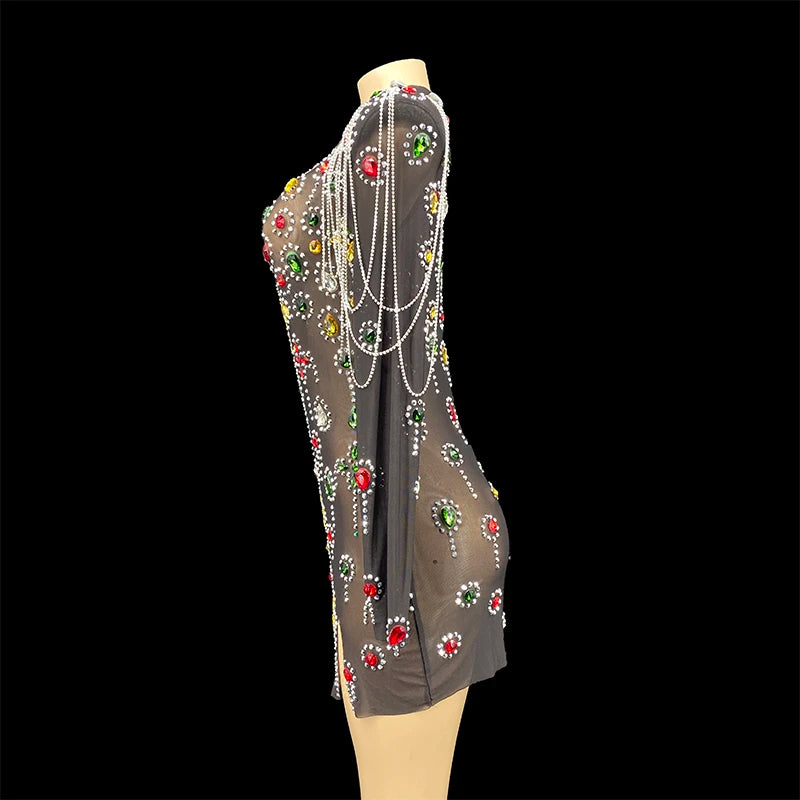 NOVANCE Fall Clothing for Women Multi-color Stones Transparent Mesh Sparkling Sexy Dress Sexy Club Long Sleeve Dresses