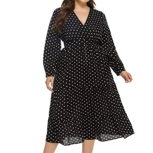 Women Casual Loose Dot Printing Pleated Midi Dress Long Sleeve Dresses Ruched Front Tie Swing Elegant Dress