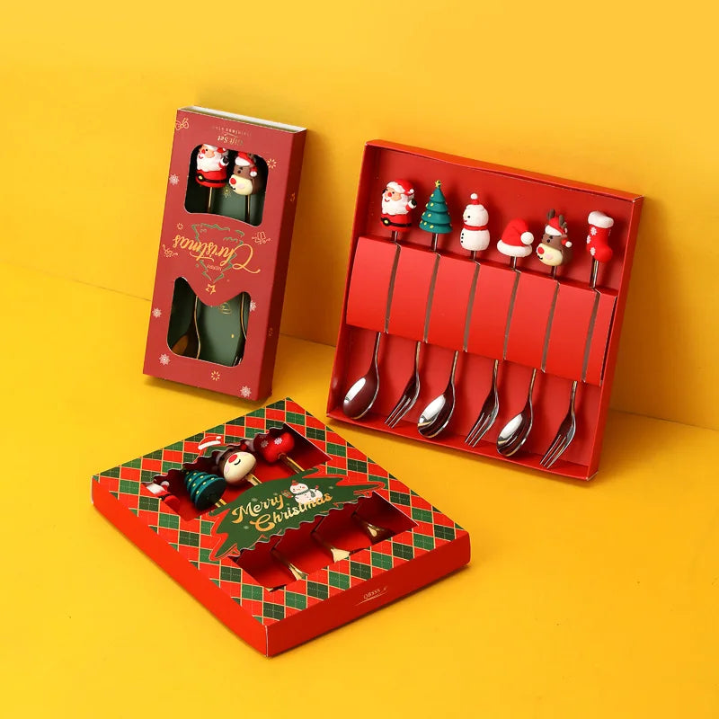 Christmas Tableware Santa Elk Doll Dessert Spoons Fork 2pcs Set One Gift Set Box