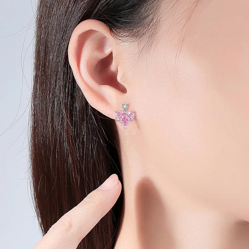 Fine Luxury 925 Sterling Silver Female Ins Wind Heart- Shaped Zircon Necklace Set Pink Diamond Trendy Style for Weddings Parties