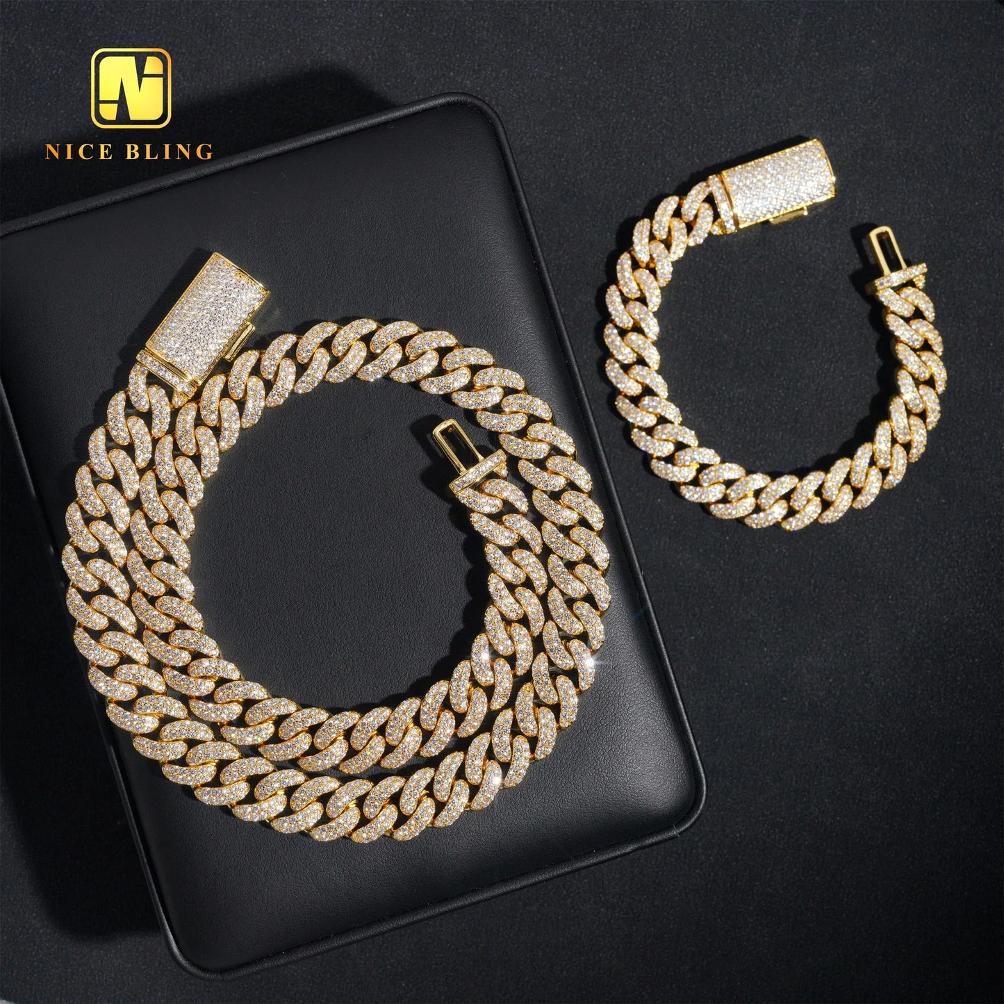 Wholesale Iced Out Hip Hop Necklace 2 Rows Round Shape 13mm Cuban Link Chains Gold Plated Brass 5a  CZ Diamond Necklace Bracelet