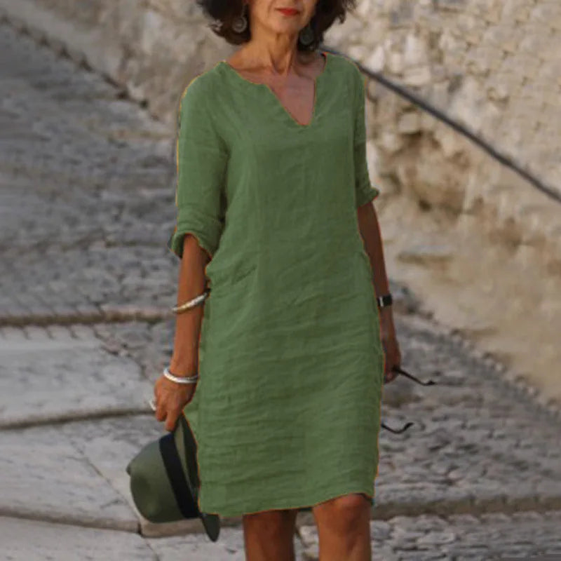Vintage Women Solid Mini Dress Summer Fashion V-neck Three Quater Sleeve Cotton Linen Dress Ladies Casual
