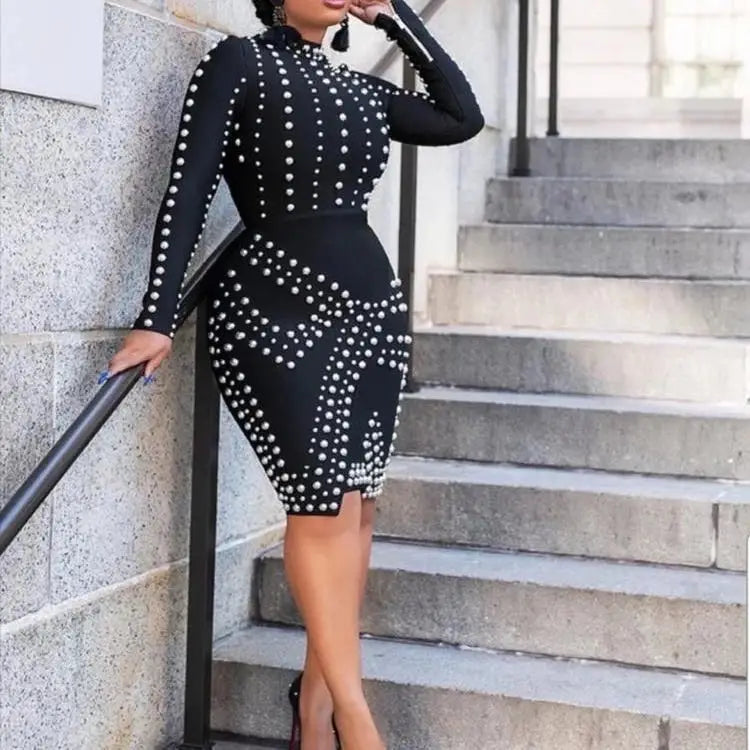 2022 New Fashion Mature Women Bandage Dress Wholesale Pearls Beading Long Sleeve Casual Dress