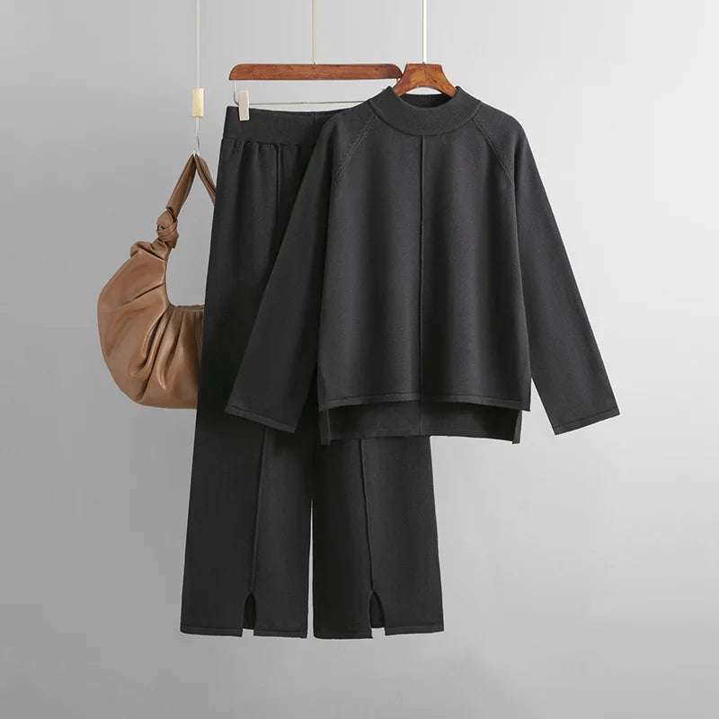Knitted Wide Leg Pants Suit Women Fashion Sweaters Jumper Thin Casual Pants Woman Pullover Sweater
