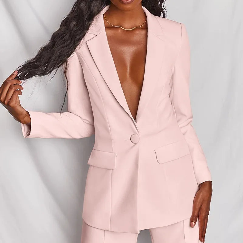 2025 European American Fashion Women's Elegant Blazer Suit Set Cross-Border Spring Autumn Slim Lapel Cardigan Button Decoration