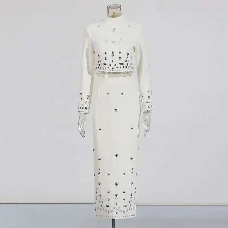 TWOTWINSTYLE Women's New High Waist Line Skirt Set Solid Spliced Diamonds Two Piece Stand Collar Long Sleeve Tops Short