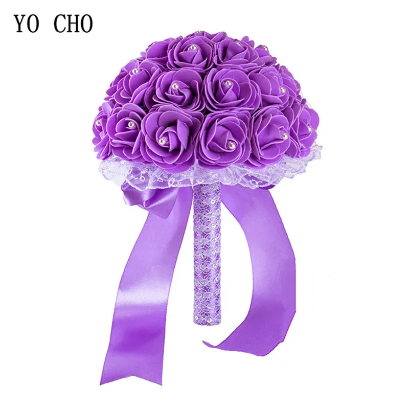 YO CHO Bridal Wedding Bouquet Artificial PE Rose Flower Fake Pearl Bouquet Blue Bridesmaid Marriage Wedding Supplies Decorations