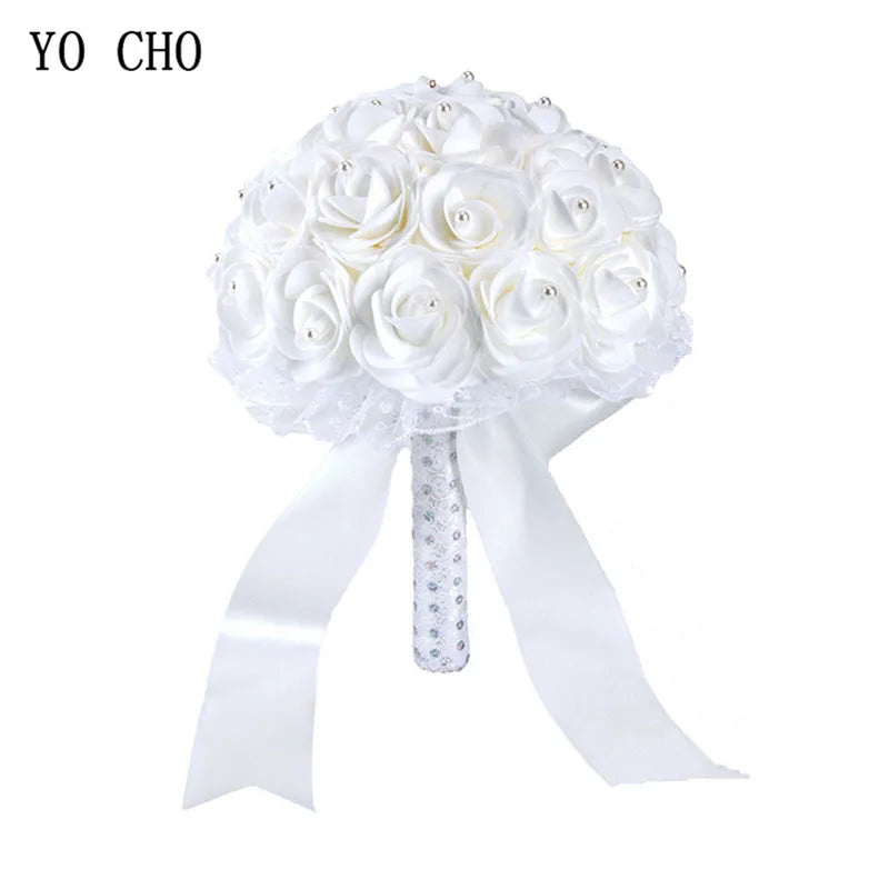 YO CHO Bridal Wedding Bouquet Artificial PE Rose Flower Fake Pearl Bouquet Blue Bridesmaid Marriage Wedding Supplies Decorations