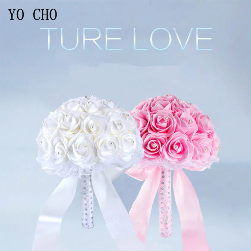 YO CHO Bridal Wedding Bouquet Artificial PE Rose Flower Fake Pearl Bouquet Blue Bridesmaid Marriage Wedding Supplies Decorations