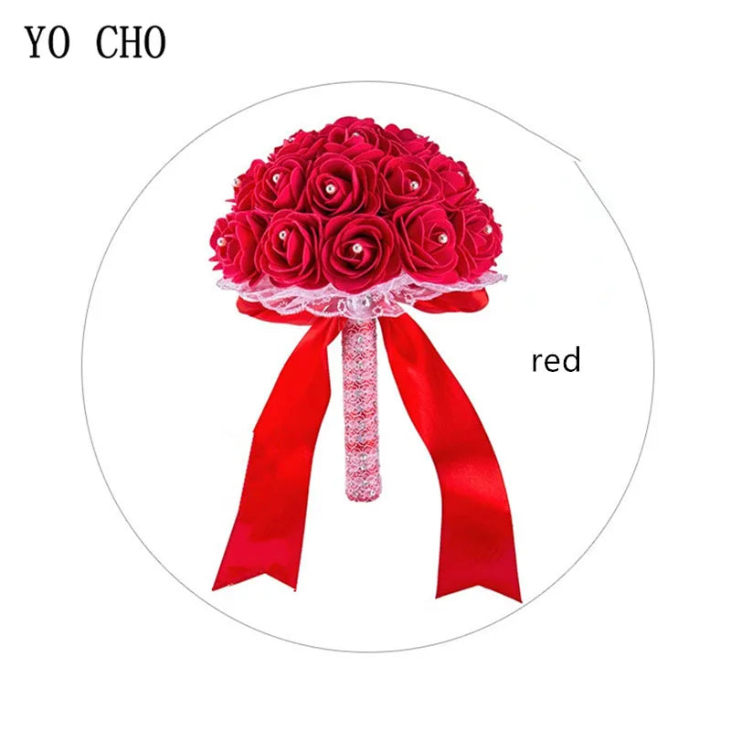 YO CHO Bridal Wedding Bouquet Artificial PE Rose Flower Fake Pearl Bouquet Blue Bridesmaid Marriage Wedding Supplies Decorations