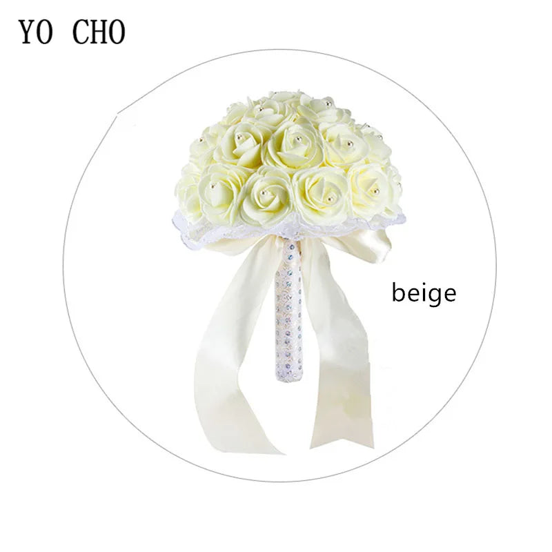 YO CHO Bridal Wedding Bouquet Artificial PE Rose Flower Fake Pearl Bouquet Blue Bridesmaid Marriage Wedding Supplies Decorations