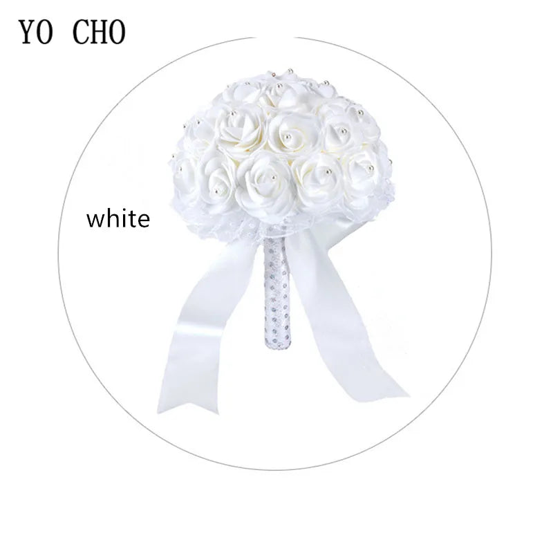 YO CHO Bridal Wedding Bouquet Artificial PE Rose Flower Fake Pearl Bouquet Blue Bridesmaid Marriage Wedding Supplies Decorations
