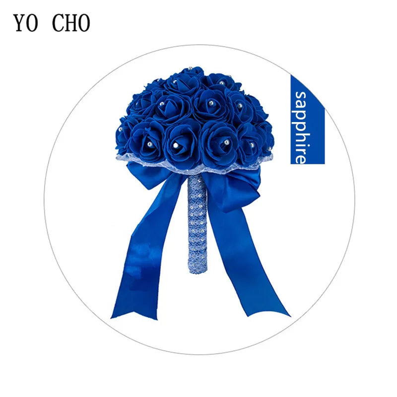YO CHO Bridal Wedding Bouquet Artificial PE Rose Flower Fake Pearl Bouquet Blue Bridesmaid Marriage Wedding Supplies Decorations