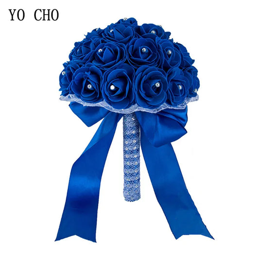 YO CHO Bridal Wedding Bouquet Artificial PE Rose Flower Fake Pearl Bouquet Blue Bridesmaid Marriage Wedding Supplies Decorations