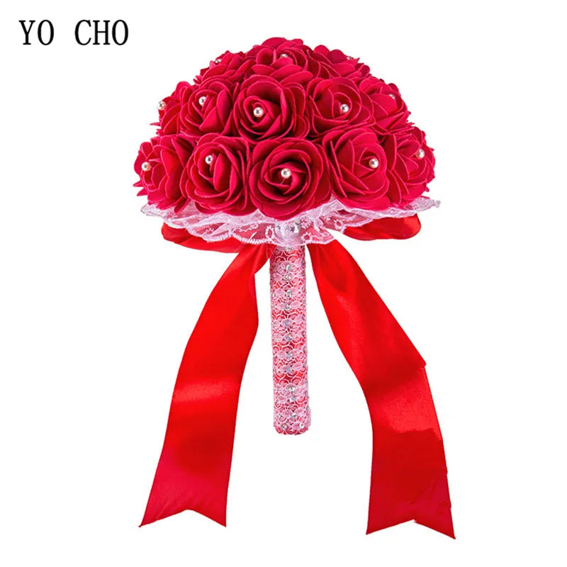 YO CHO Bridal Wedding Bouquet Artificial PE Rose Flower Fake Pearl Bouquet Blue Bridesmaid Marriage Wedding Supplies Decorations