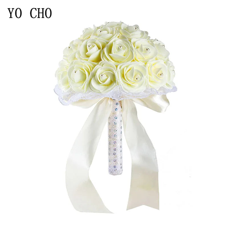 YO CHO Bridal Wedding Bouquet Artificial PE Rose Flower Fake Pearl Bouquet Blue Bridesmaid Marriage Wedding Supplies Decorations