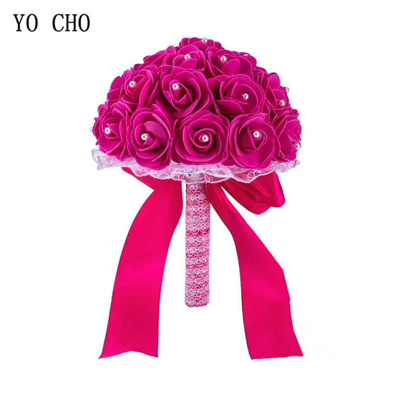 YO CHO Bridal Wedding Bouquet Artificial PE Rose Flower Fake Pearl Bouquet Blue Bridesmaid Marriage Wedding Supplies Decorations