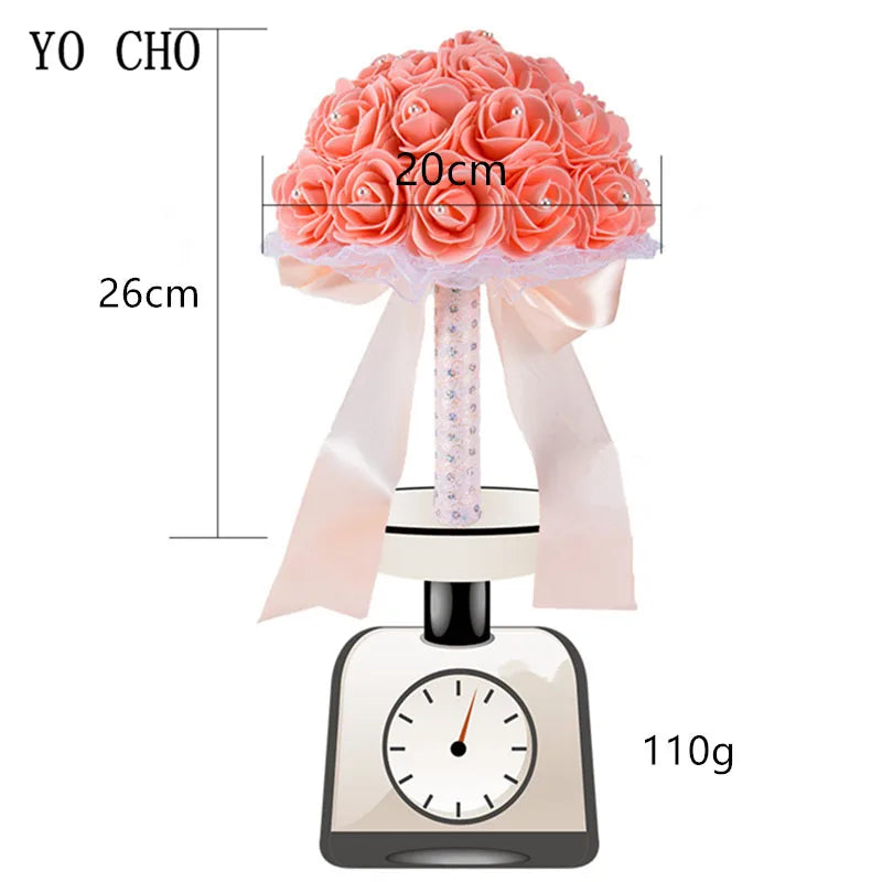 YO CHO Bridal Wedding Bouquet Artificial PE Rose Flower Fake Pearl Bouquet Blue Bridesmaid Marriage Wedding Supplies Decorations