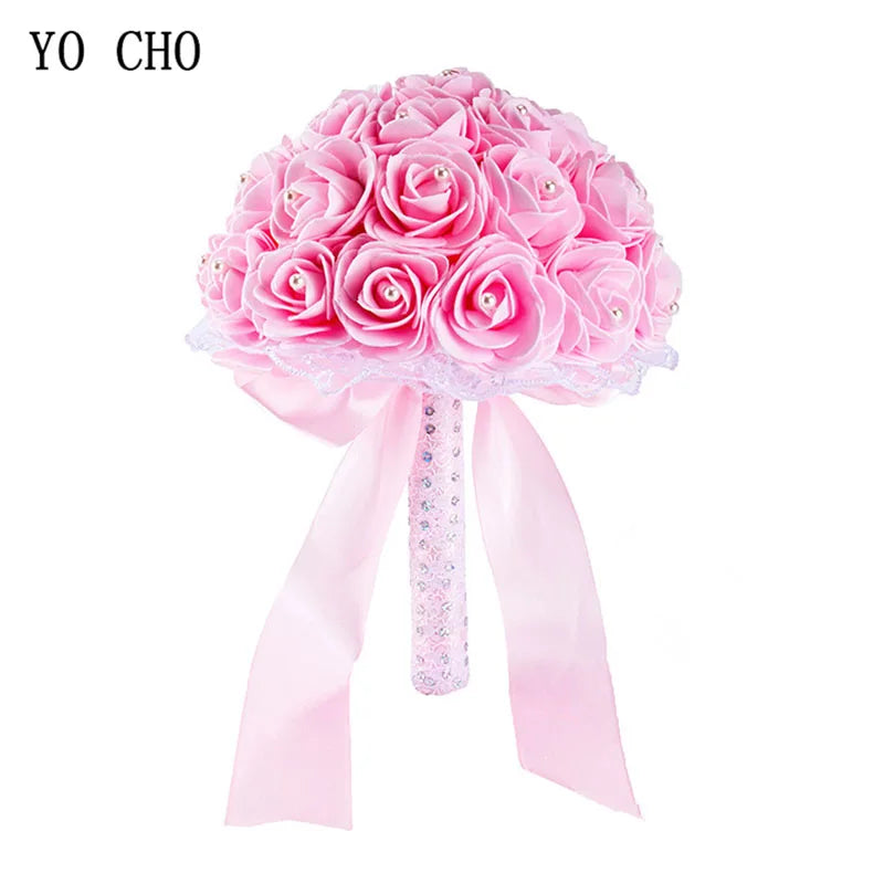 YO CHO Bridal Wedding Bouquet Artificial PE Rose Flower Fake Pearl Bouquet Blue Bridesmaid Marriage Wedding Supplies Decorations