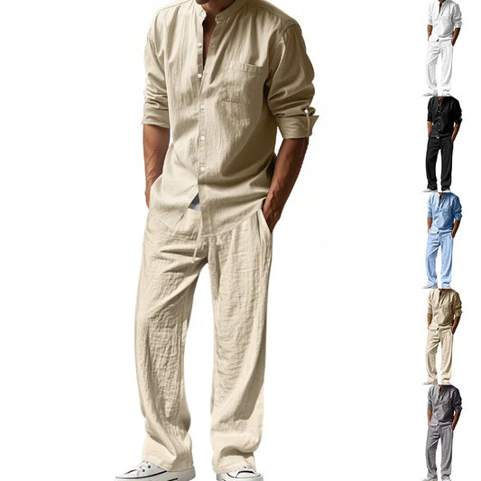 2025 Solid Color Linen Men's Casual Suit Loose Long Sleeve Trousers Shirt Suit Men