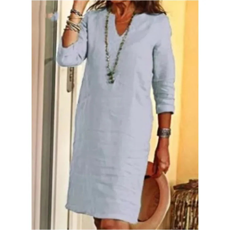 Vintage Women Solid Mini Dress Summer Fashion V-neck Three Quater Sleeve Cotton Linen Dress Ladies Casual