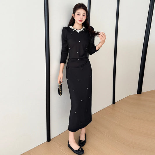 Plus Size Fall Elegant O-Neck Slim Pleated Maxi Dress for Women Beaded Dress