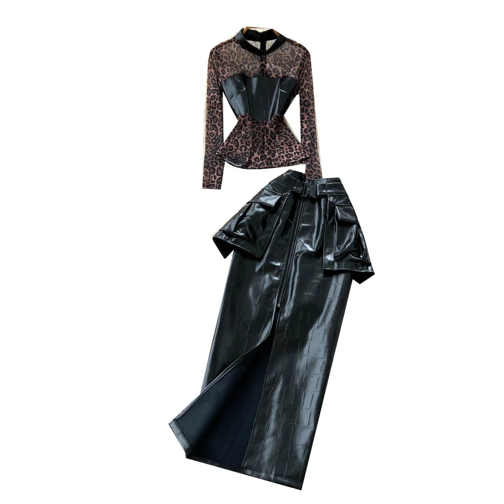 Women's Casual Sets Top And High Waist Patchwork Leopard Mesh Slit Skirts Suit American Clothing Wholesale