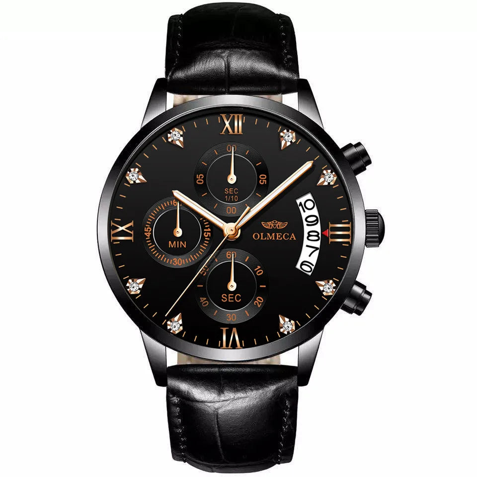 OLMECA 0878 New Design Gold Male Quartz Watch Designer Stainless Steel Band 3 Dials Chronometer Character Running Watch Set
