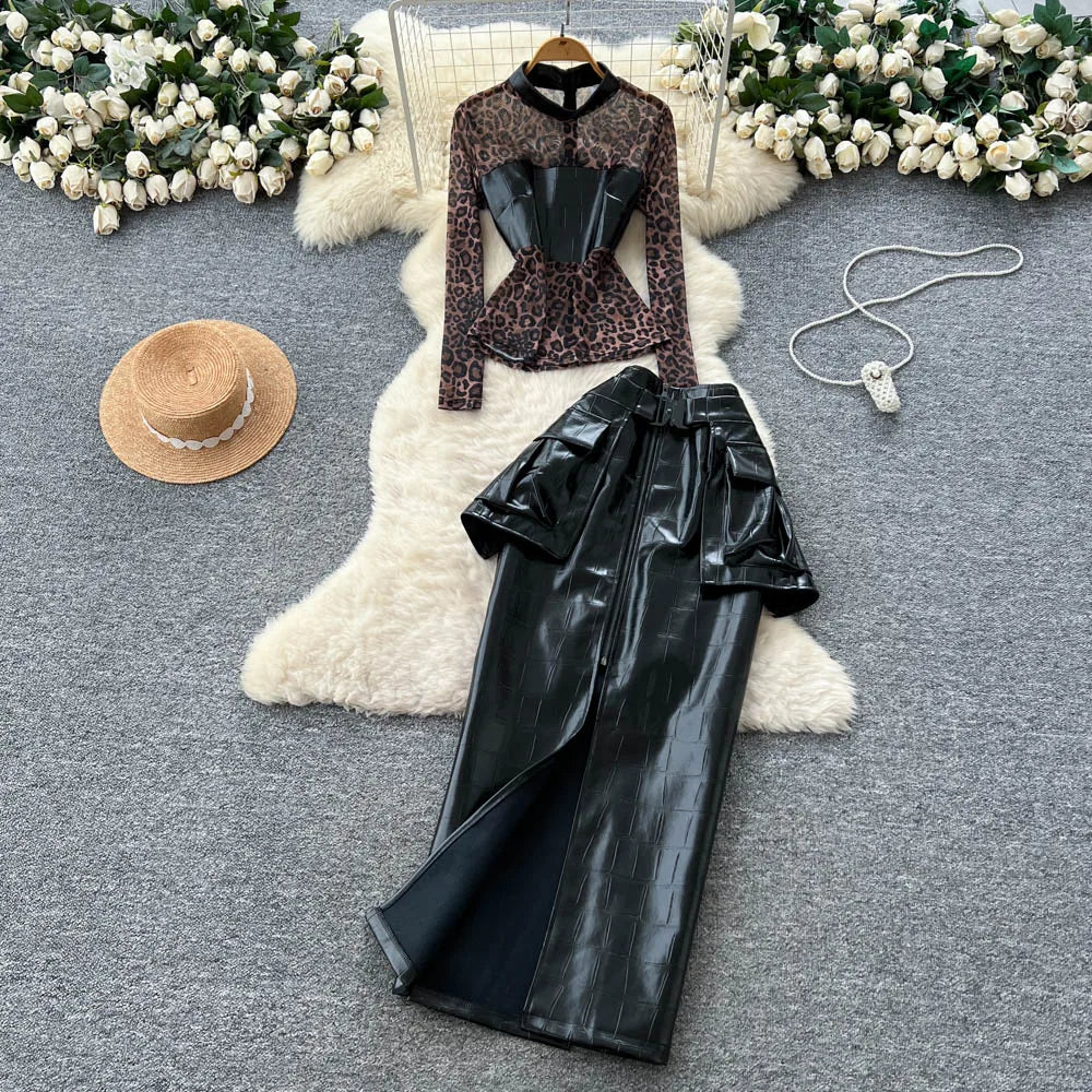 Women's Casual Sets Top And High Waist Patchwork Leopard Mesh Slit Skirts Suit American Clothing Wholesale