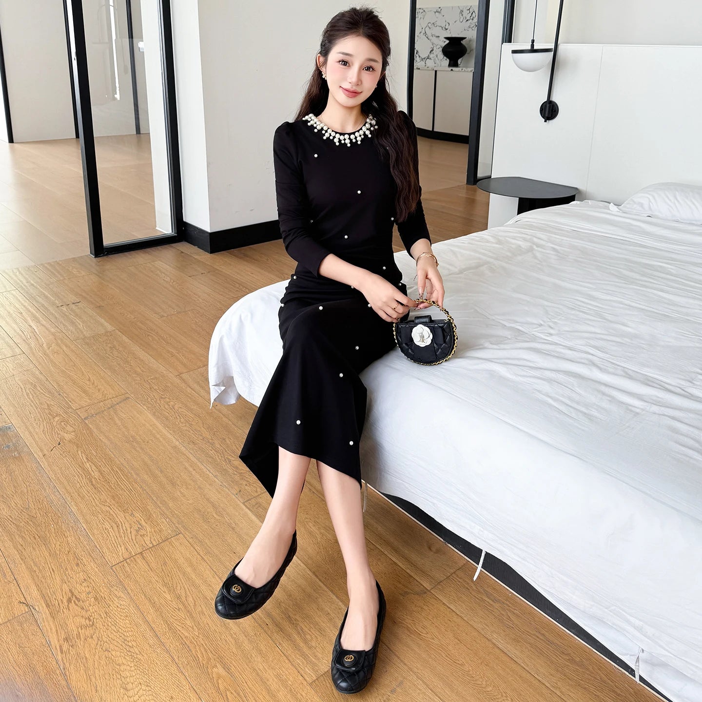 Plus Size Fall Elegant O-Neck Slim Pleated Maxi Dress for Women Beaded Dress