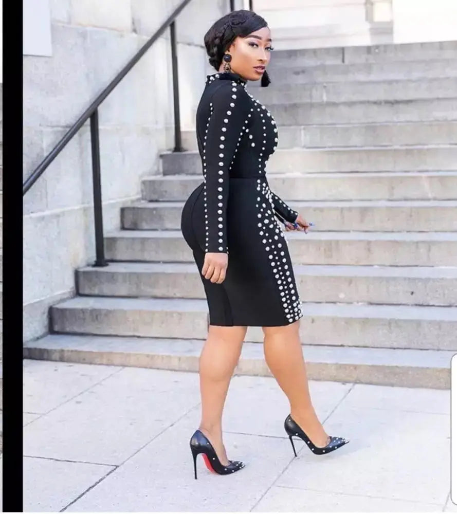 2022 New Fashion Mature Women Bandage Dress Wholesale Pearls Beading Long Sleeve Casual Dress