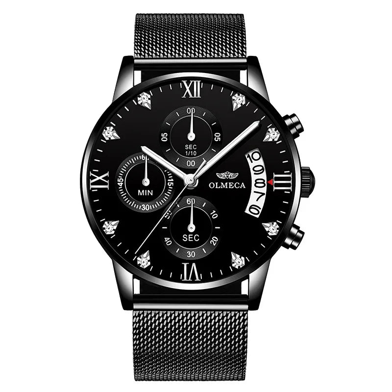OLMECA 0878 New Design Gold Male Quartz Watch Designer Stainless Steel Band 3 Dials Chronometer Character Running Watch Set