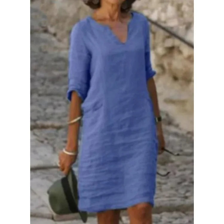 Vintage Women Solid Mini Dress Summer Fashion V-neck Three Quater Sleeve Cotton Linen Dress Ladies Casual
