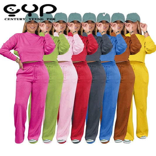 YP Women's Casual 3XL Plus Size Autumn Tracksuit Long Sleeve Crop Top Hoodie Long Pants Solid Color Two Piece Active Top Set